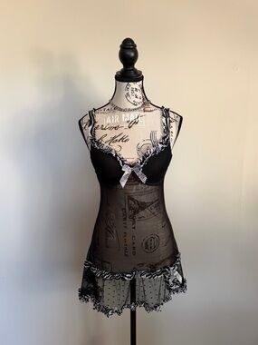 Y2K Vintage Black Sheer Chemise Zebra Trim Lingerie Whimsigoth 2000s